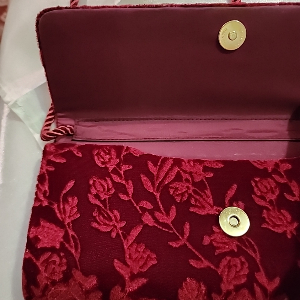 Laura Biagiotti Velvet Cross-body Burgandy Bag, Rose Pattern Imprint Appr 10x4.5 - Picture 6 of 16